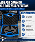 Built Tough Wheel Hub Puller Kit Compatible With 5 6 And 8 Lug Cars Trucks Slotted Mount Plate in a blue carrying case.