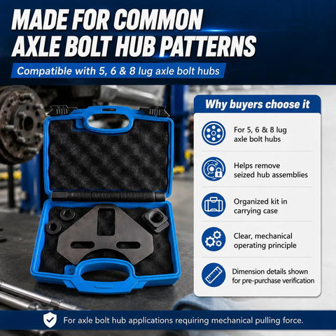 Built Tough Wheel Hub Puller Kit Compatible With 5 6 And 8 Lug Cars Trucks Slotted Mount Plate in a blue carrying case.