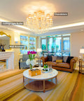 Luxurious living room with chandelier, ceiling light bulbs, wall sconces, and table lamp showcasing G4 12V 20W Halogen Bulbs.
