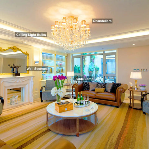 Luxurious living room with chandelier, ceiling light bulbs, wall sconces, and table lamp showcasing G4 12V 20W Halogen Bulbs.