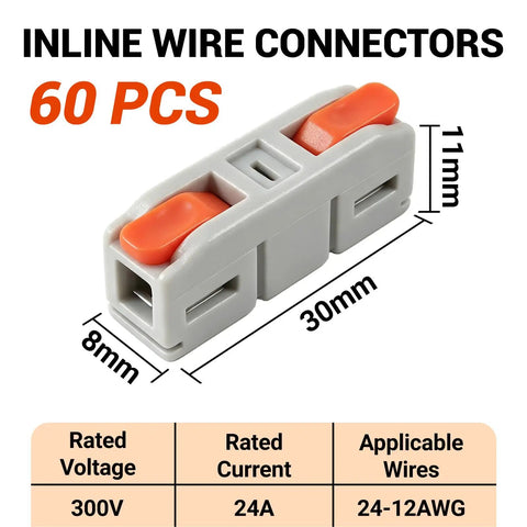 60 Pack Lever Wire Connectors For 24 To 12 Awg Quick Splice Electrical Terminals detail image of a gray push-in connector with orange lever