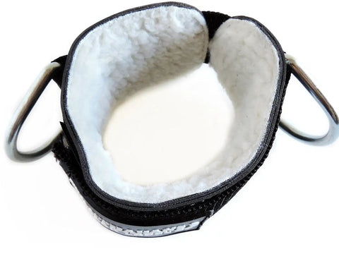 Grip Tight Adjustable Ankle Cuff And Glute Kickback Strap For Cable Machines Heavy Duty Nylon with padded interior and metal rings.