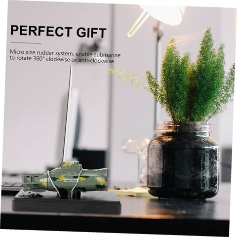 Remote Control Submarine Toy Boat With Rechargeable Battery Dive And Rotate Function Dark Green Military Style Mini RC Submarine on desk