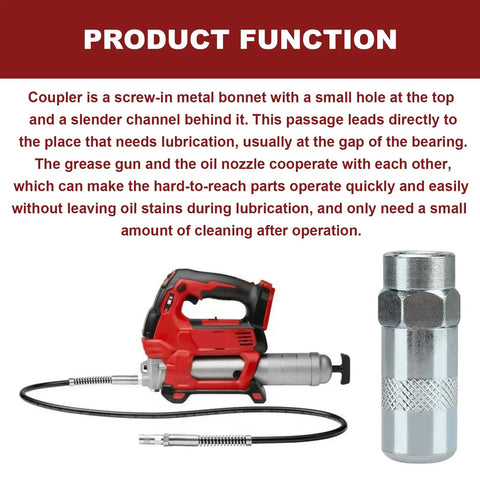 Two Pack Grease Gun Couplers For Milwaukee M18 2 Speed And M12 Cordless Grease Guns Fits 2446 20 2446 21XC 2646 20 2646 21CT 2646 22CT Tips Built Tough Leak Free Durable Connector Adapters showing a red grease gun and metal coupler