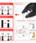 Diagram showing Spark Plug Wire Crimping Tool Kit With 36 Boots And Terminals Crimp And Stripping Tool Set For 180 Degree 90 Degree Straight Ignition Wire Coil Terminals Pro Grade DIY Auto Shop Essential, detailing components and usage steps.