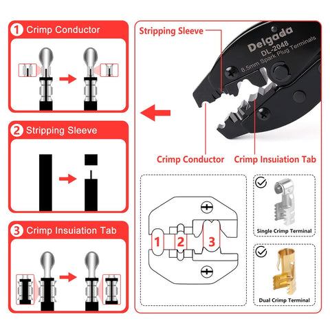Diagram showing Spark Plug Wire Crimping Tool Kit With 36 Boots And Terminals Crimp And Stripping Tool Set For 180 Degree 90 Degree Straight Ignition Wire Coil Terminals Pro Grade DIY Auto Shop Essential, detailing components and usage steps.