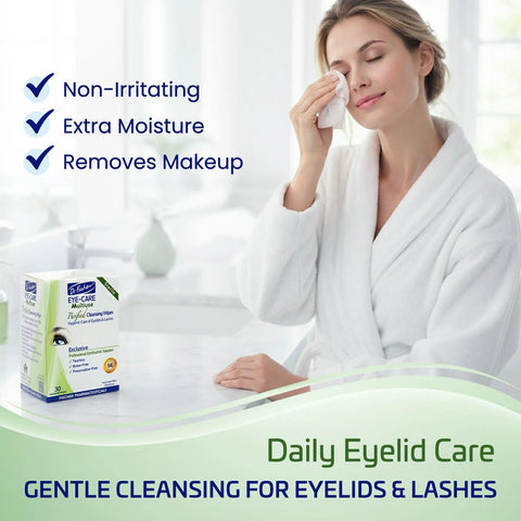 Front view of Dr. Fischer Eyelid Wipes twin pack with a woman in a robe wiping her eye