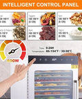 Intelligent control panel of Premium Electric Food Dehydrator With Six Heavy Duty Mesh Trays, showing temperature settings and cooking time.