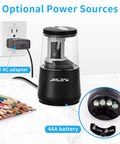 Electric Pencil Sharpener Heavy Duty With Helical Blade Auto Stop Fast Sharpening In 5 To 10 Seconds Powerful Motor Protects Pencil Cores And Even Handles Broken Pencils 8mm Pencils And Standard Pencils Compatible Ideal For School Home Office. 12V AC adapter and 4AA battery shown