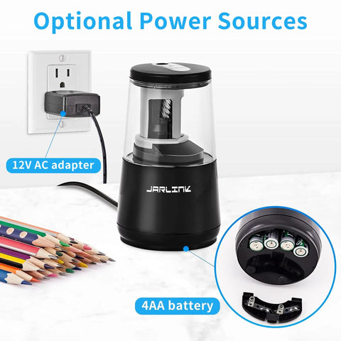 Electric Pencil Sharpener Heavy Duty With Helical Blade Auto Stop Fast Sharpening In 5 To 10 Seconds Powerful Motor Protects Pencil Cores And Even Handles Broken Pencils 8mm Pencils And Standard Pencils Compatible Ideal For School Home Office. 12V AC adapter and 4AA battery shown
