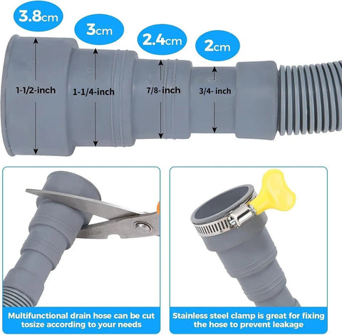 Universal Washing Machine Drain Hose Extension Kit with adapters 3/4-1-1/2 inch, corrugated hose and clamps detail