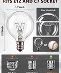Diagram of G40 Replacement Bulbs 120V 5W Incandescent Globe Bulbs, 1.5 Inch Clear Globe, showing E12/C7 base dimensions.