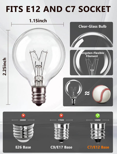 Diagram of G40 Replacement Bulbs 120V 5W Incandescent Globe Bulbs, 1.5 Inch Clear Globe, showing E12/C7 base dimensions.