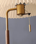 Close-up of USB Wireless Charging Desk Lamp With Wood And Gold Finish showing pull chain and fabric shade detail.