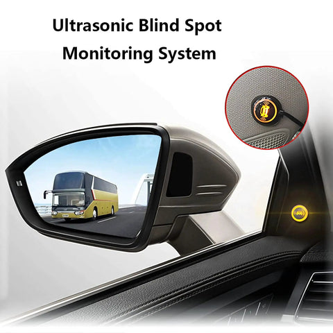 Car side mirror showing Radar Monitoring Detection Kit For Your Ride Blind Spot System With Ultrasonic Sensors indication