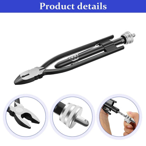 All In One 9 Inch Safety Wire Twisting Pliers With 10 Meters Of 0.5mm Wire, Heavy Duty Workhorse Pro Grade Aircraft And Auto Industry Lock Twister Tool, Three In One Wire Cutter Strander Pliers For Aircraft Car And Industrial Use with close-ups of cutting edges and twisting mechanism.