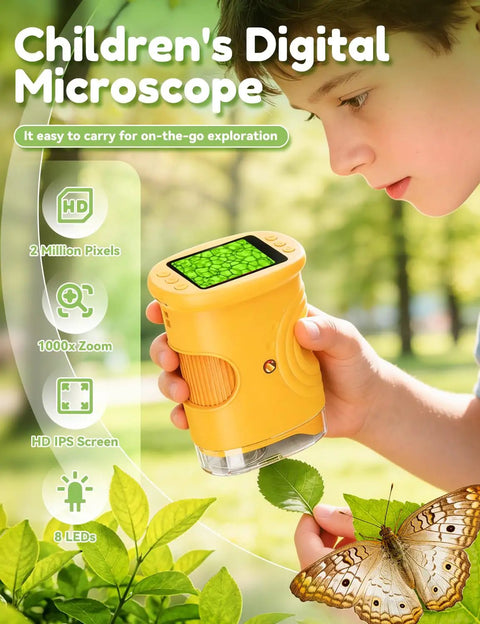 Child using Handheld 200x-1000x Portable Microscope With 4K Screen LED Lights And Smooth Zoom Wheel to explore a leaf.