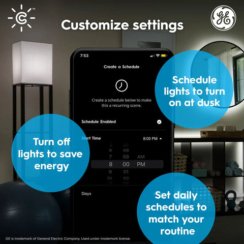 Cync Smart LED Bulbs Tunable White Bluetooth and WiFi app interface showing schedule settings on a smartphone, indoor room setup.