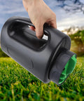 Hand holding portable 2L handheld spreader for lawn care with adjustable opening sizes, lightweight ABS tool