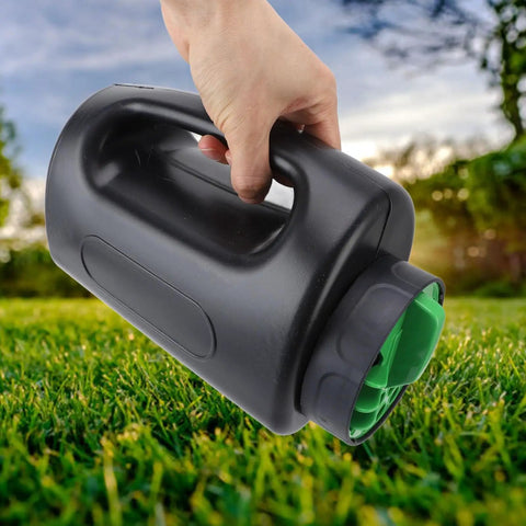 Hand holding portable 2L handheld spreader for lawn care with adjustable opening sizes, lightweight ABS tool