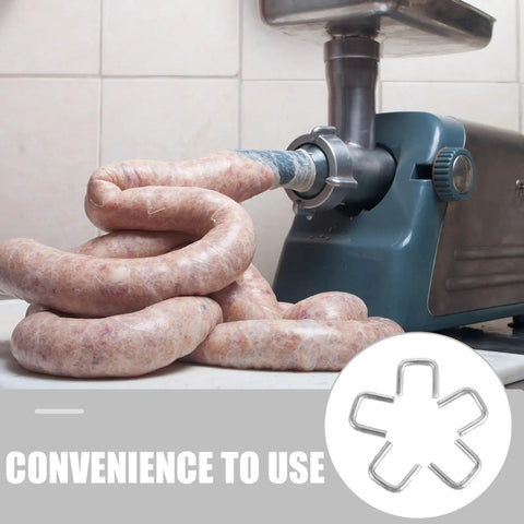 Get The Most Dope Sausage Making Gear With 4000 Heavy Duty Aluminum U Clips For Your Manual Clipper That Hold Tight And Never Bend During Any Crazy Meat Day, showing sausage links being made.
