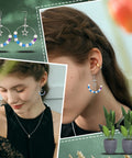 Woman wearing earrings from 48 Piece Earring Making Kit With Stainless Steel Wire And All The Hoop Findings Hooks Jump Rings Ear Nuts For DIY Jewelry Making Six Styles Like Teardrop Fan Triangle Ring Trapezoid And More Perfect Starter Set.