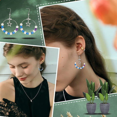 Woman wearing earrings from 48 Piece Earring Making Kit With Stainless Steel Wire And All The Hoop Findings Hooks Jump Rings Ear Nuts For DIY Jewelry Making Six Styles Like Teardrop Fan Triangle Ring Trapezoid And More Perfect Starter Set.