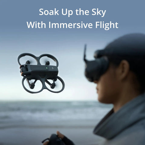 Avata 2 FPV Drone With 4K Camera, Immersive Goggles Experience flying near beach with person controlling and wearing goggles.