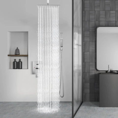 Ceiling Mount Shower System With Rain Head And Handheld Spray High Pressure Chrome Faucet Set With Rough In Valve and Trim Kit Included