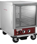 Top Shelf Pro Kitchen Beast Half Size Holding And Proofing Cabinet Ul And Nsf Certified, stainless steel, on wheels, empty interior.