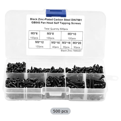 500 Piece M3 Self Tapping Screw Set With Phillips Drive Black Carbon Steel Sheet Metal Screws For Computer Repair Automotive And Home Appliances Seven Sizes From 0.24 To 0.79 In Must Have Kit, 500 pcs box