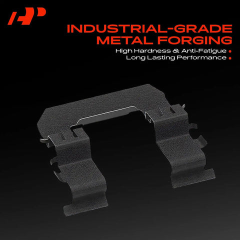 A Premium Front Disc Brake Hardware Kit With Heavy Duty Clips And Bushings Perfect For Honda Civic And Subaru Outback Forester Impreza WRX Models To Keep Your Car Stopping Smoothly On The Road Without Any Squeaky Annoying Noise. Industrial-grade metal brake clip shown on black background