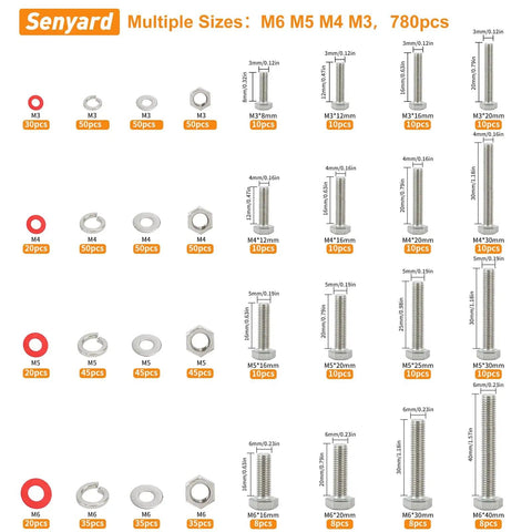 780 Piece Hex Bolts And Nuts Kit In 304 Stainless Steel With M3 M4 M5 M6 Metric Bolts, Lock And Flat Washers, Includes Nuts, Bolts And Washers