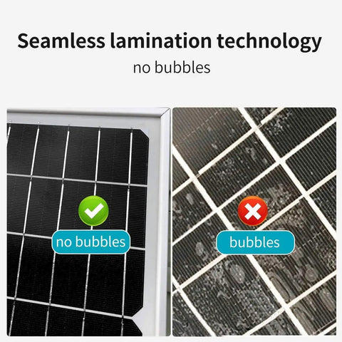 Detailed comparison of seamless lamination technology in solar panel, showing benefits of no bubbles. Plug And Play Off Grid Solar Panel Kit With Twelve Beefy Modules Heavy Duty Inverter Smart Charge Controller And Pair Hundred Amp Hour Batteries For Your Van Life Or Ranch Setup.