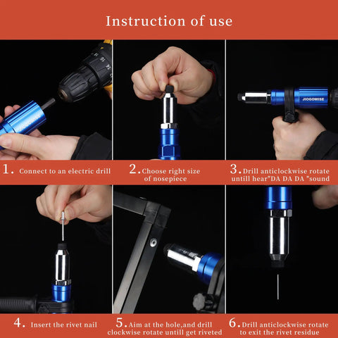 Instruction steps for Cordless Drill Rivet Gun Adapter Kit Converts Your Drill Into a Rivet Gun With 4 Rivet Heads and 80 Rivets