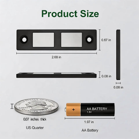 6 Pack Heavy Duty Magnetic Cabinet Door Catch With Twin Magnet Power and 30 Lb Holding Force dimensions shown with battery and coin.