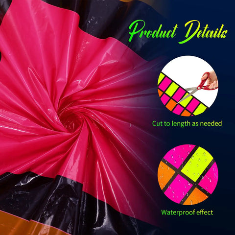 Disposable Neon Dance Floor Carpet Runner For Outdoor Parties And Weddings 118 By 39 Inches 80s 90s Party Decor DIY Plastic showing pink and black PE material details with adhesive dots and cut-to-length feature.