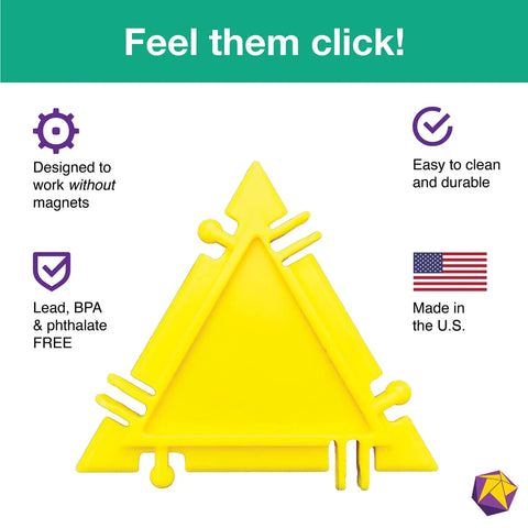 3D Math Building Set With Snap Together Tiles And Online Activities, 96 Piece STEM Learning Kit For Kids And Adults, Made In USA, A fun yellow triangle tile shows snap-together connectors.
