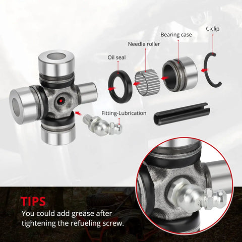 Front Prop Shaft Yoke and U Joint Kit for Polaris RZR and General 1000 Brutus HD Models Fit RZR 570 800 900 1000 RS1 XP Trail S and S4 2 Seater 4 Seater Not For Trails and Rocks Edition exploded view with steel yoke, u-joint, seal, bearing