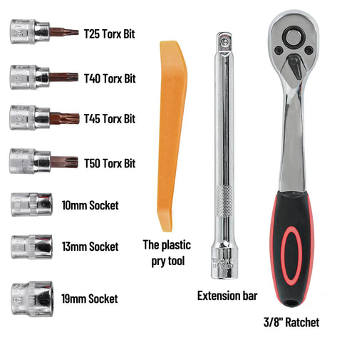 Door Removal Tool Kit For Jeep Wrangler And Gladiator Three Eighths Inch Ratchet Set With Universal Joint Ten Thirteen Nineteen Millimeter Sockets Torx Bits T25 T40 T45 T50 M4 M5 Bits And Plastic Pry Tool For Door Roof Spare Tire And Other Hardware, 3/8 ratchet and bits