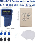 Handheld 125kHz RFID Reader And Writer On The Go ID Card Copier For T5577 EM4305 with 6 fobs, 5 cards, and packaging shown