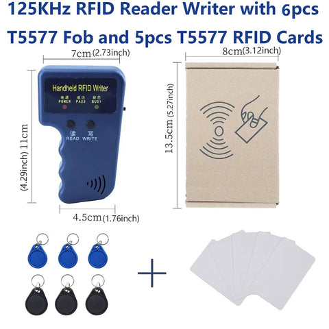 Handheld 125kHz RFID Reader And Writer On The Go ID Card Copier For T5577 EM4305 with 6 fobs, 5 cards, and packaging shown