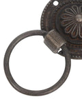 Close-up of Vintage Round Drop Ring Drawer Pull Handle in antique bronze zinc alloy from 12-piece set, floral detail visible.