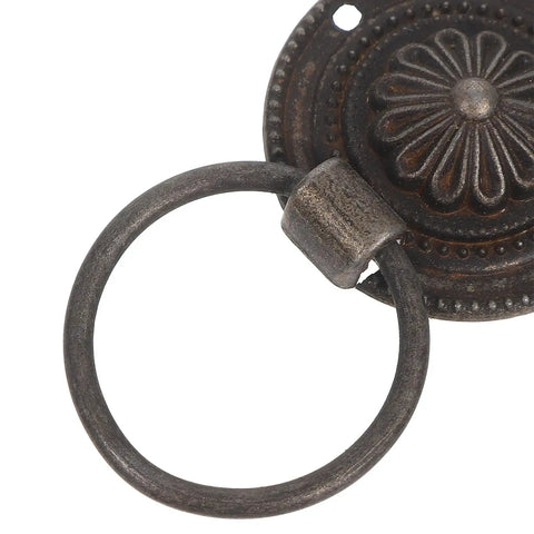Close-up of Vintage Round Drop Ring Drawer Pull Handle in antique bronze zinc alloy from 12-piece set, floral detail visible.