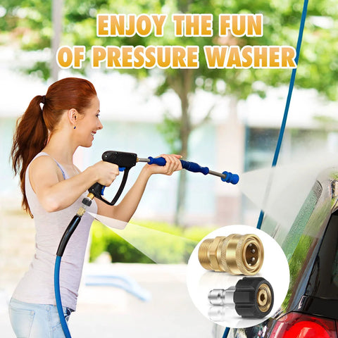 16-pack pressure washer adapter kit with brass M22 swivel and 3/8 in quick-connect fittings for garden hoses.