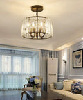 Three Light Industrial Crystal Ceiling Fixture, 13 Inch Round Semi Flush Mount With E12 Base, Black Finish in living room