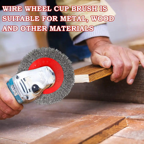 Four And One Half Inch Angle Grinder Wire Wheel Set With Six Packs Including Three Inch And Four Inch Cup And Wheel Brushes Coarse Crimped And Knotted Styles For Heavy Duty And Light Duty Five Eighths Inch Eleven Threaded Arbor Pro Grade DIY Ready used on wood