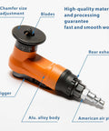 Mini air chamfer tool side view with orange aluminum body and rear exhaust