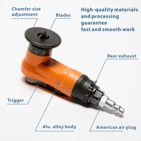 Mini air chamfer tool side view with orange aluminum body and rear exhaust