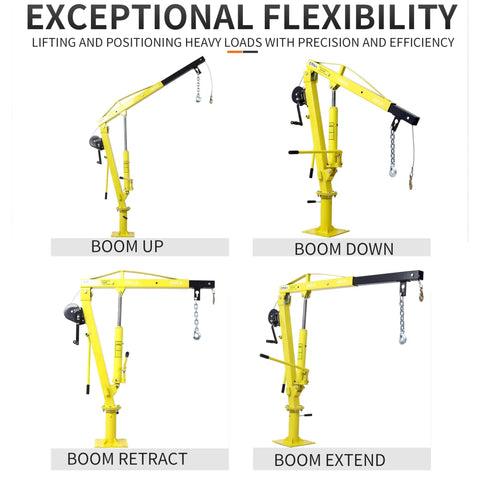 Heavy Duty Truck Bed Hoist With Hand Winch Pickup Jib Crane Hydraulic Extendable Boom adjustments for lifting and loading.